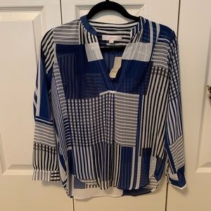 LOFT Petite Shear Plaid Split Neck Tunic Blouse